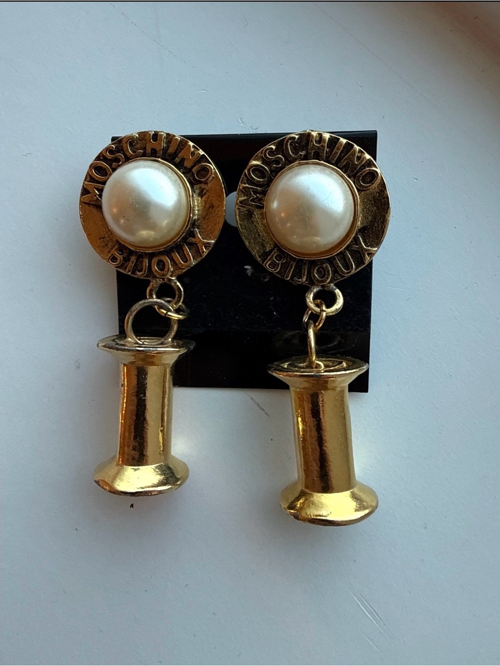 Moschino Gold and Pearl Drop Logo Earrings